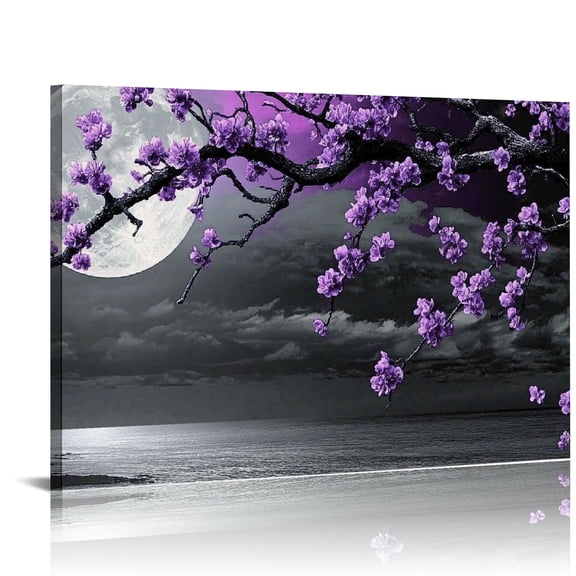 Shadudu Large Purple Wall Art - Black Frame Painted Plum Blossom Picture - Living room Canvas Wall Decor Seascape Full Moon Painting Tree Wall Art 36x24in