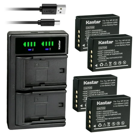 Kastar 4-Pack Battery and LTD2 USB Charger Replacement for Fujifilm NP-W126 NP-W126s Battery Fujifilm BC-W126 Charger Fujifilm X-H1 X100F X100V X-PRO1 X-PRO2 X-S10 X-T30 X-T100 Cameras