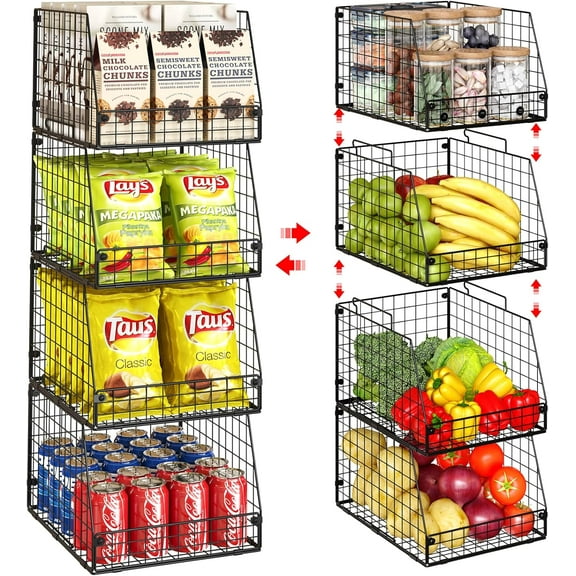 4 Pack XXL Stackable Wire Storage Basket, Extra Large Capacity Pantry Organizer and Storage, Muti-Purpose for Fruit Vegetable Basket & Toy Storage Organizer & Snack Organizer