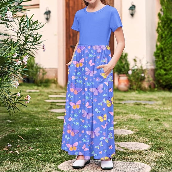 Amidoa Girls Summer Dresses Solid Color Floral Print Short Sleeve Dresses Kids Casual Ruched With Pockets Sundress Purple Size 4T