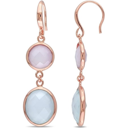 Tangelo 9-1/2 Carat T.G.W. Green and Pink Chalcedony Rose Rhodium-Plated Sterling Silver Double Oval Dangle Earrings