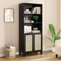 LUMAMIN Bookcase, 71" Tall Bookshelf 5 Tier Rattan Book Shelf with Doors, Cabinet Display Shelf Storage Shelves Book Case Organizer for Home Office and Bedroom, Walnut