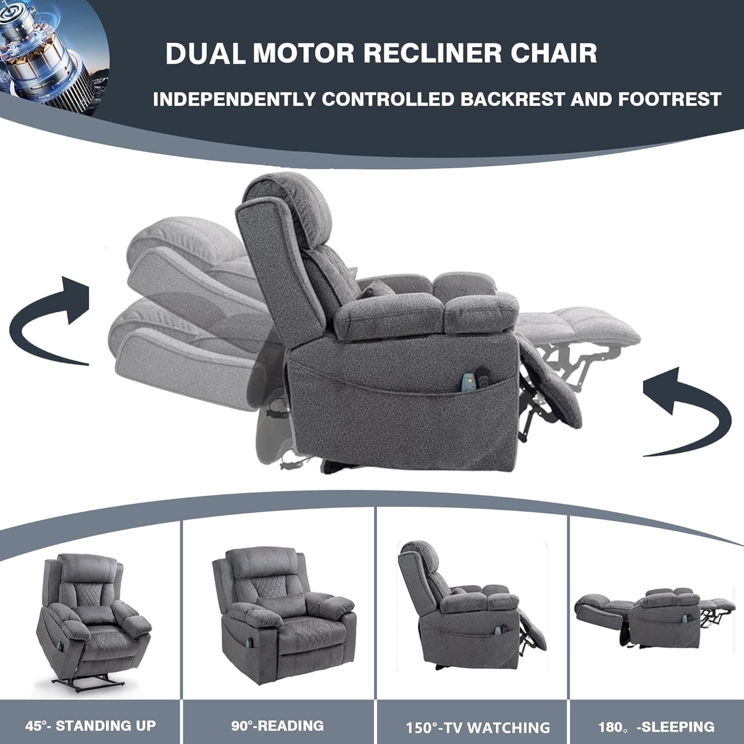 REHOUSING Adult Velvet Living Room Lift and Heat Vibration Recliners with Armrests and Cup Holders, Gray