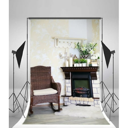 Image of MOHome 5x7ft Interior Backdrop Fireplace Candles Flowers Chair Damask Wallpaper White Carpet Grunge Wood Floor Photography Background Kids Adults Photo Studio Props