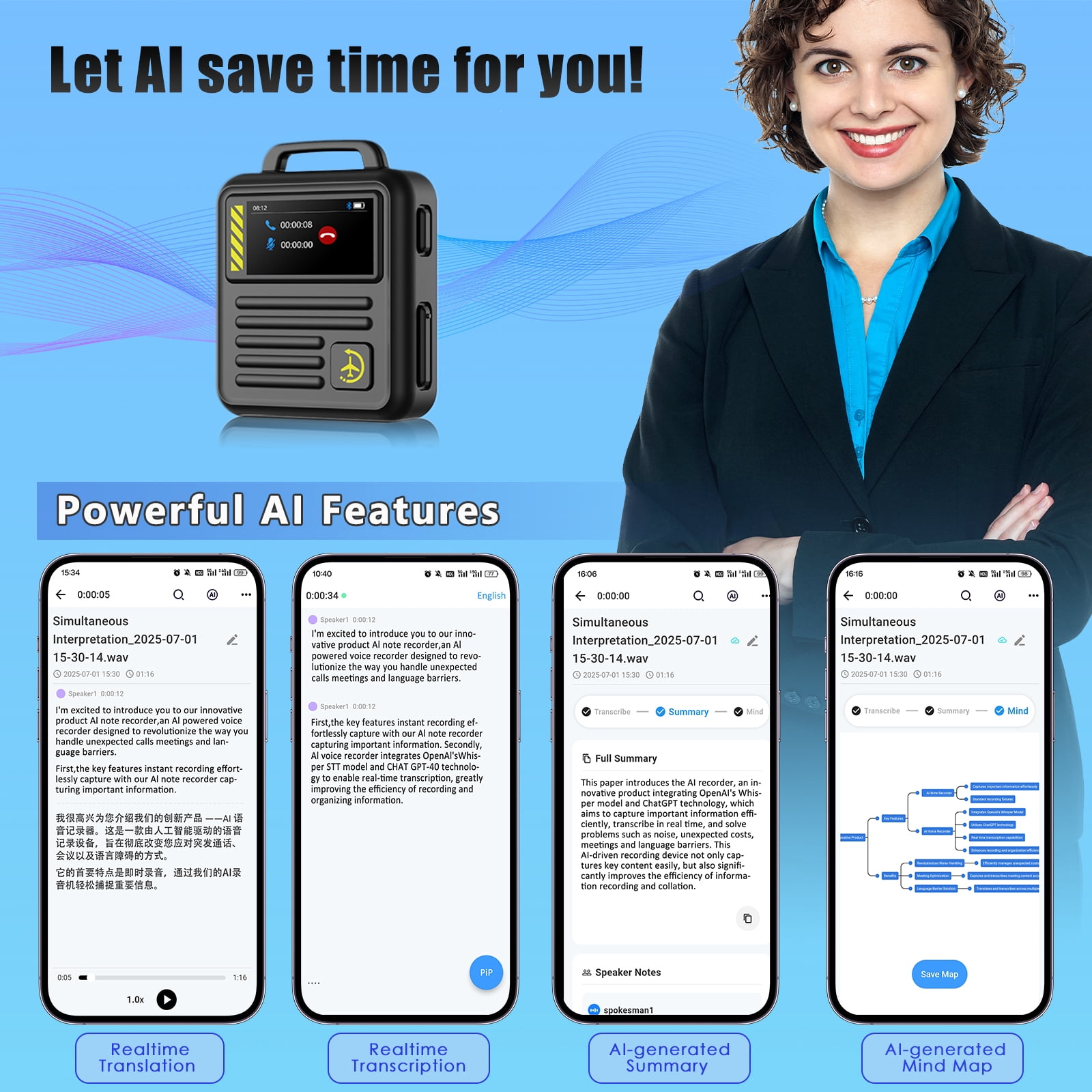 RONY 128GB Digital Voice Recorder with APP Control, 9360 Hours 3072kbps HD Audio Recorder with Transcribe Summarize Translation for Lectures Meetings Interviews, Black