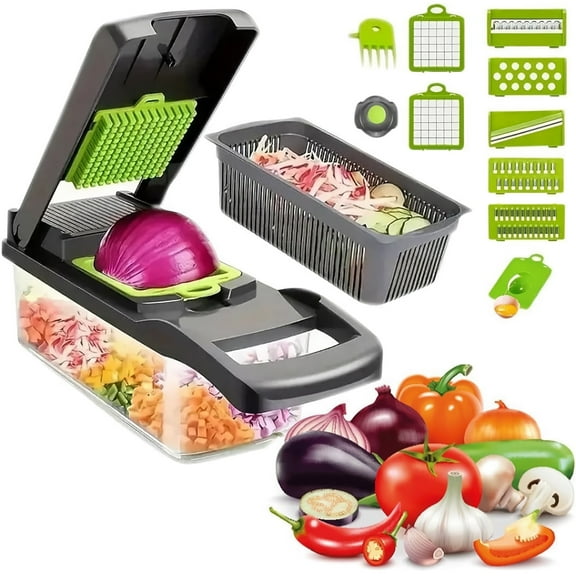 Intexca 16‑Piece Vegetable Slicer & Chopper – 8 Interchangeable Blades, Manual Fruit Cutter with Container & Egg Separator