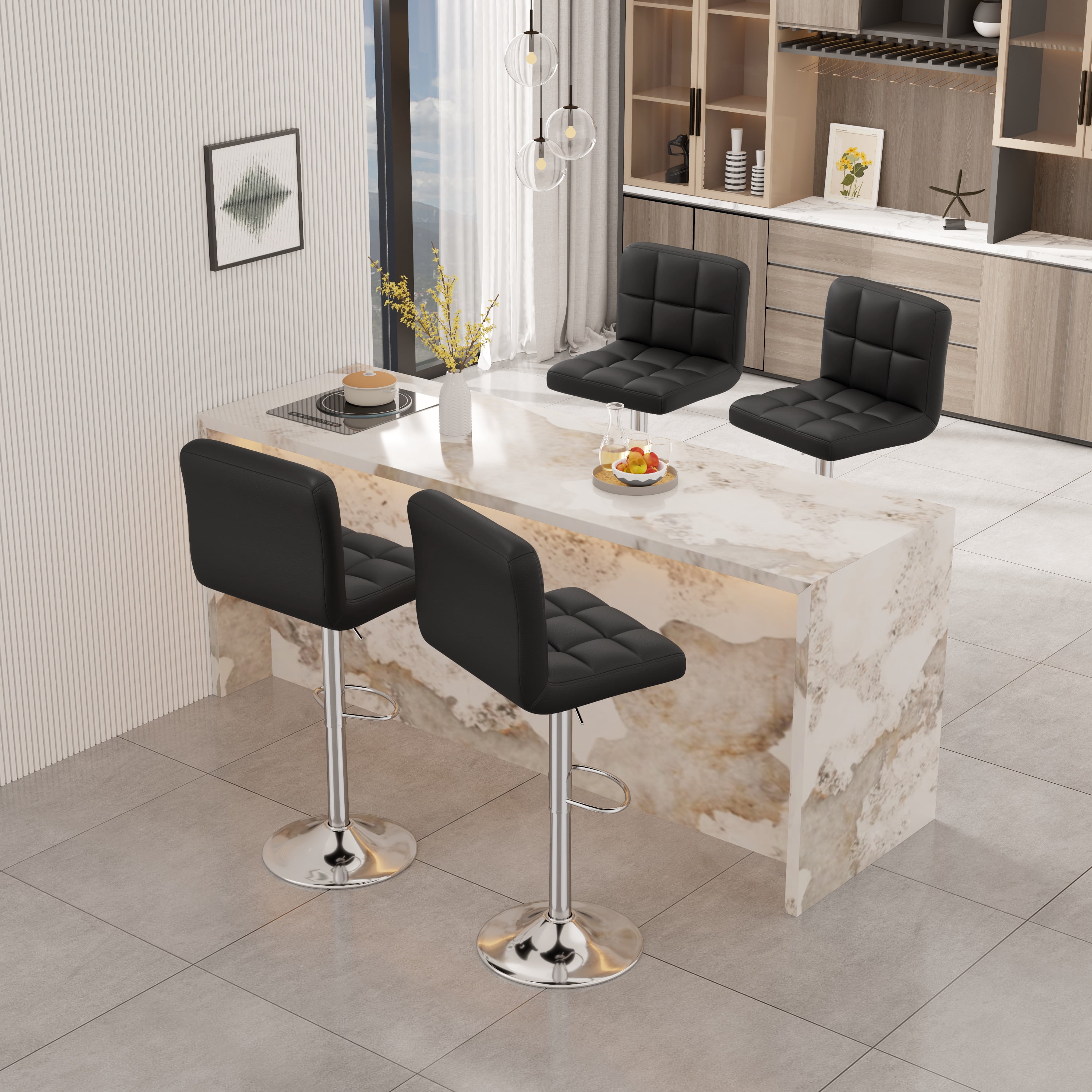 Hawsaiy Modern Adjustable Swivel Bar Stools Set of 2, PU Leather Bar Chairs with Footrest, Black