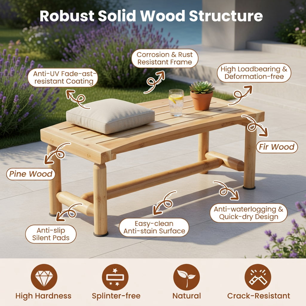 Hommoo Outdoor Curved Wooden Patio Bench, Solid Pine and Fir Fire Pit Loveseat for Backyard, Garden, Poolside, Natural