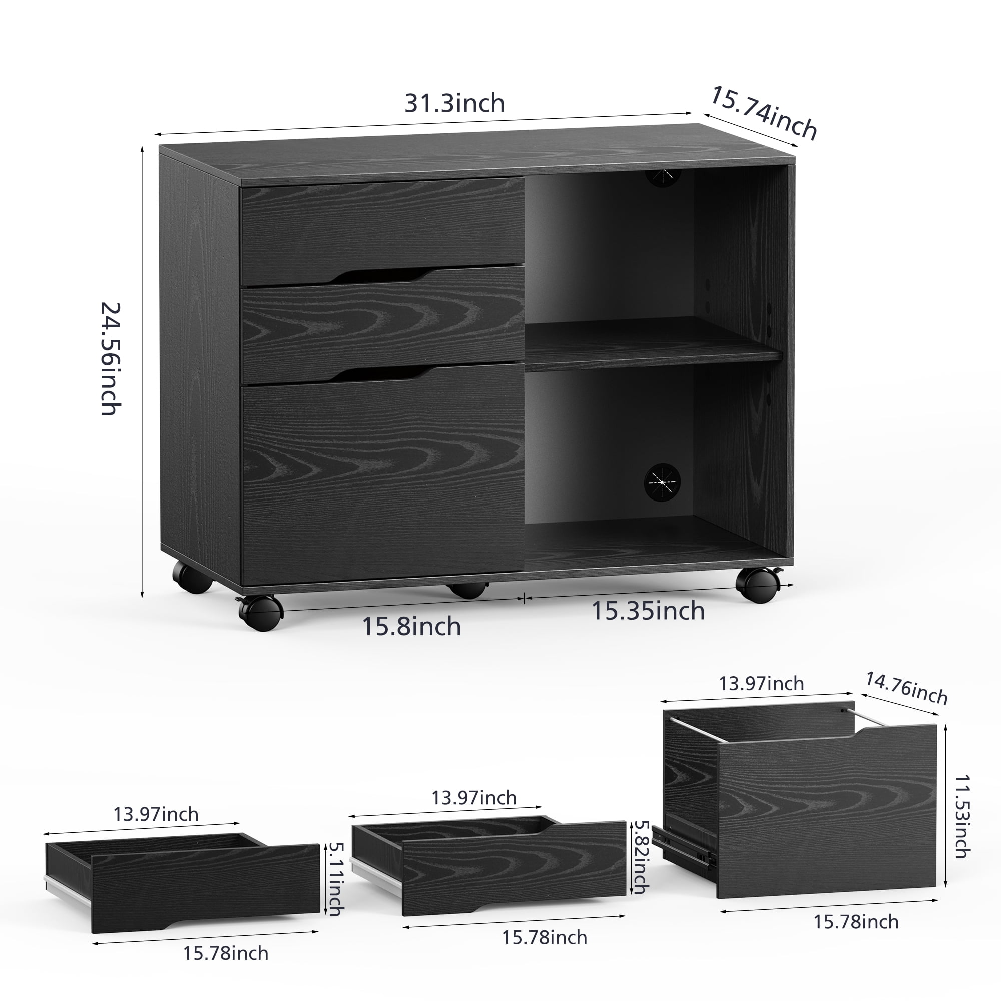 CONCETTA 3 Drawer Rolling File Cabinet with Lock, Under Desk Filing Cabinet for Letter/Legal/A4 Files, Home Office, Black