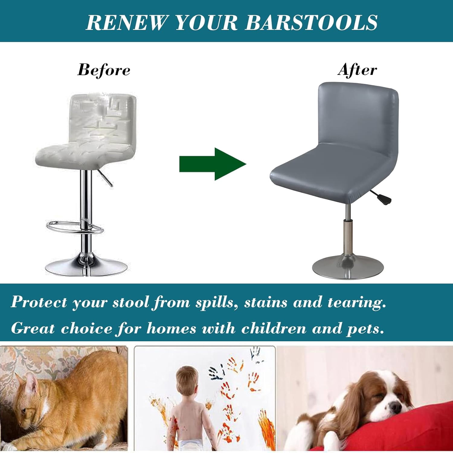 XUELC Waterproof Stretch Bar Stool Covers, 2/4 Pack PU Slipcovers with Back for Low Back Stools