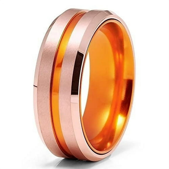 Orange Tungsten Wedding Ring,8mm Wedding Ring,Tungsten Wedding Band,Rose Gold Ring,Tungsten Carbide Ring,Anniversary
