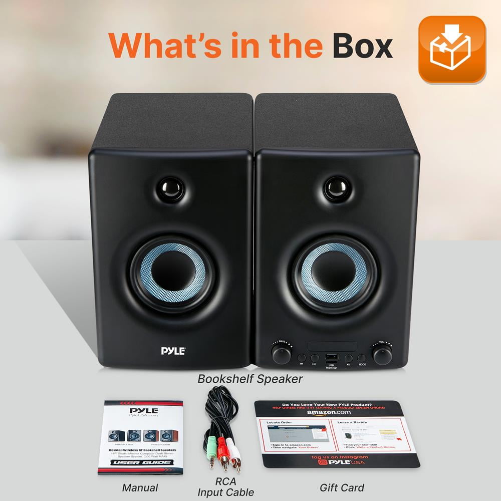 Pyle HiFi Active Bookshelf Speaker W/ Bluetooth Audio Stereo Monitor Speaker System, 300W (Black)