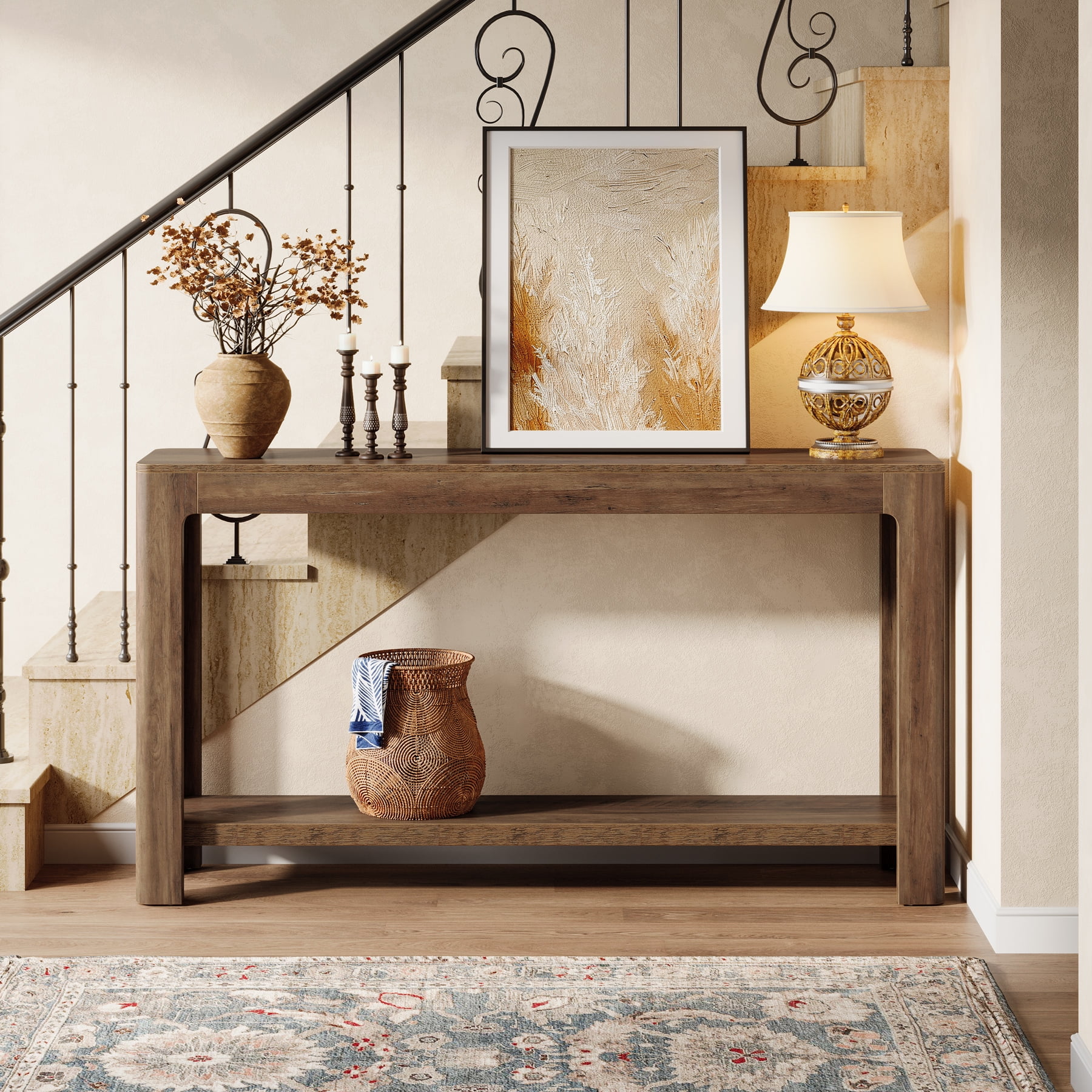 Finmind 63 Inch Rustic 2-Tier Entryway Console Table, Narrow Sofa Table, Accent Furniture for Foyer and Hallway, Rustic Brown