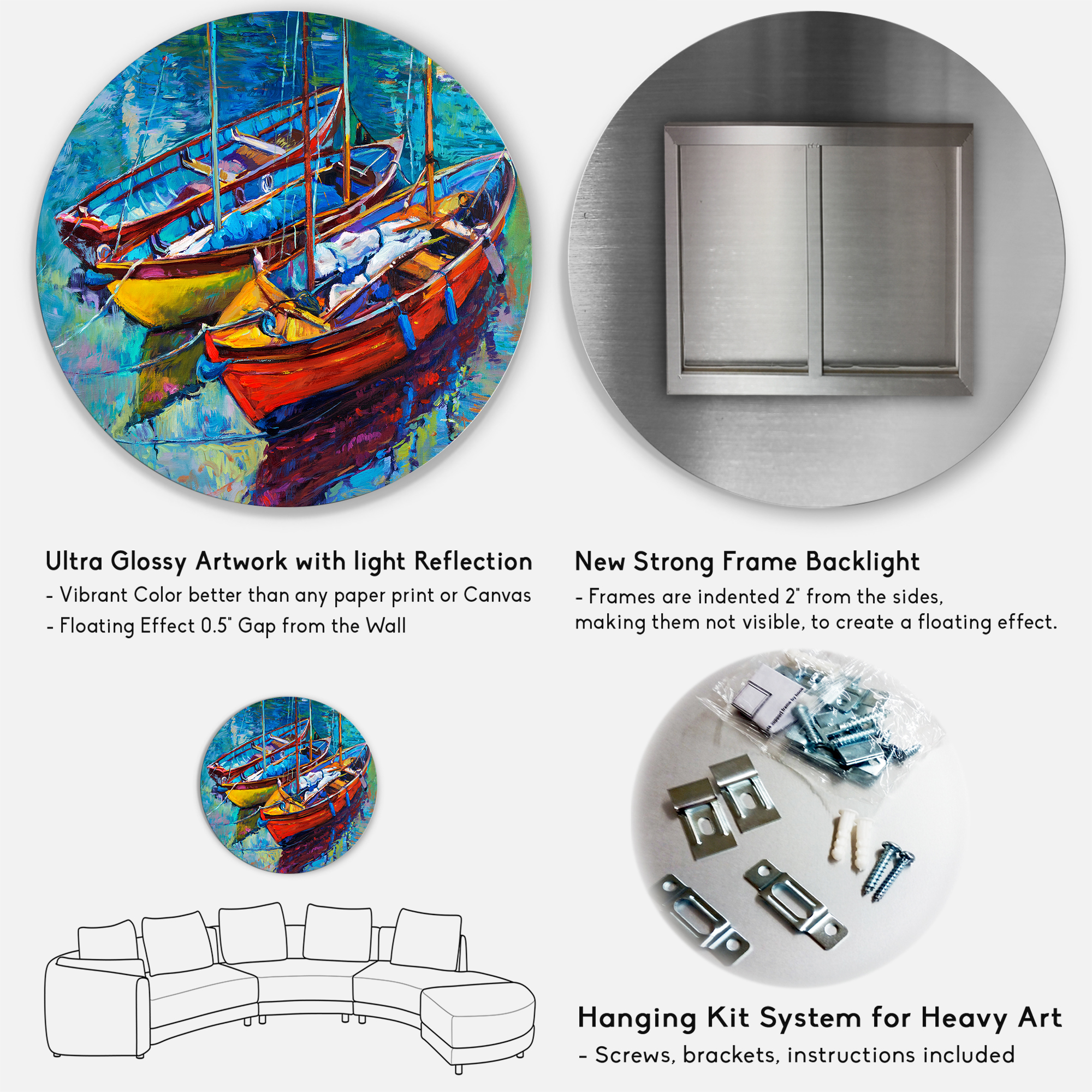 Designart 'Three Colorful Boats In The Harbor' Nautical & Coastal Circle Metal Wall Art 29x29 - Disc of 29