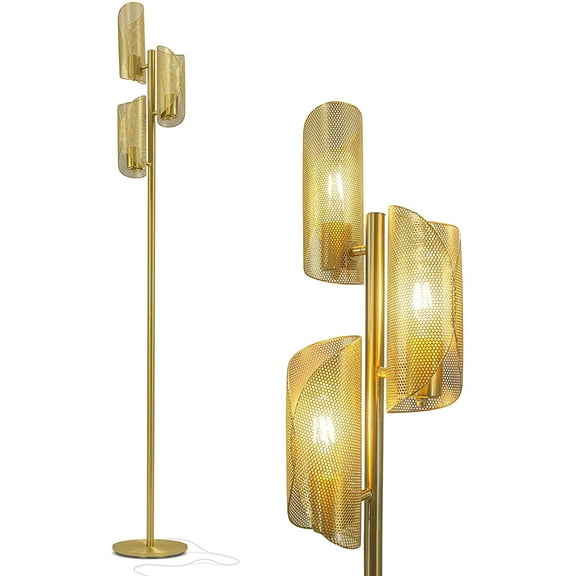 Brightech Lyra 71" LED Tree Floor Lamp for Mid-Century Modern, Contemporary, 3 Light Head Standing Lamp with Metal Cage Shade, Standing Pole Tall Lamp for Living Room, Bedroom - Brass