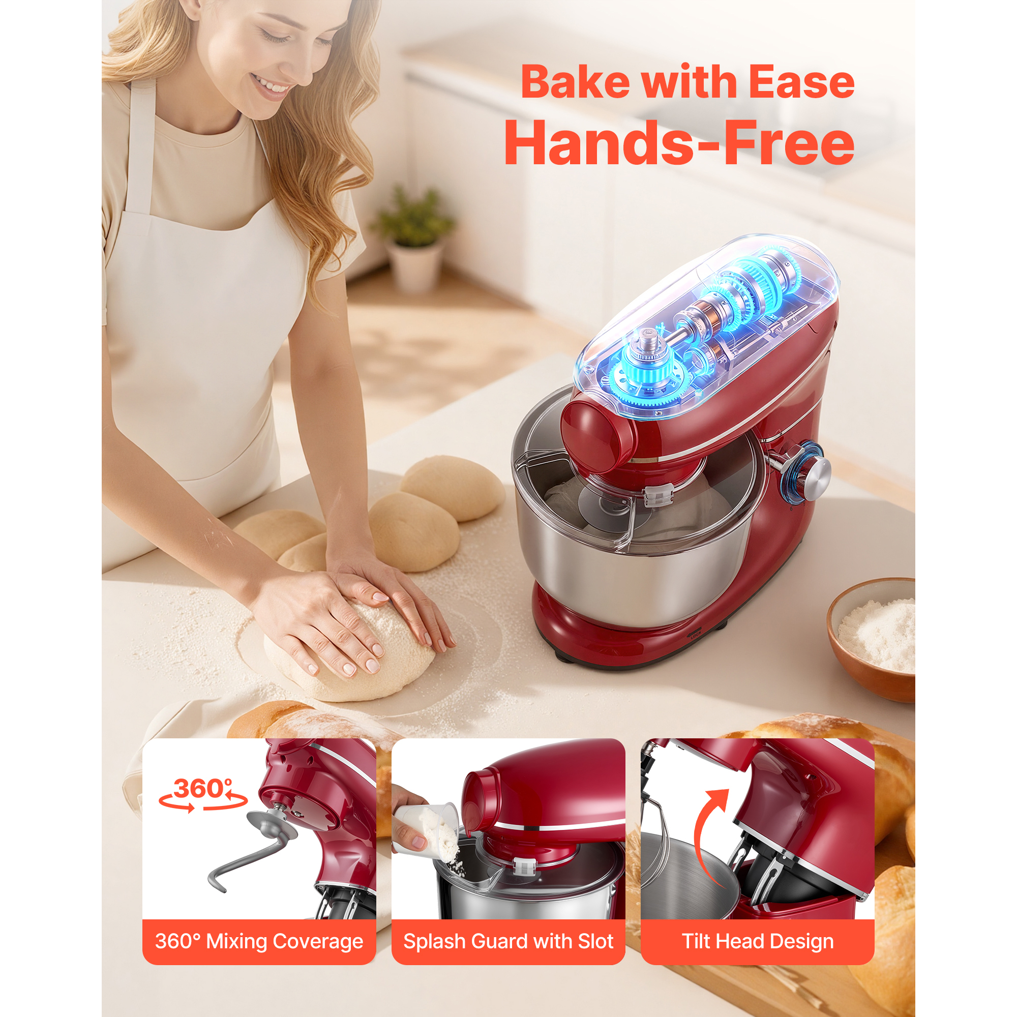 KFFKFF 6 QT Electric Kitchen Mixer with 660W Motor, Tilt-Head Design, 6+P Speeds, Includes Stainless Steel Bowl, Blender Cup, Dough Hook, Whisk, and Beater for Baking and Mixing, Red