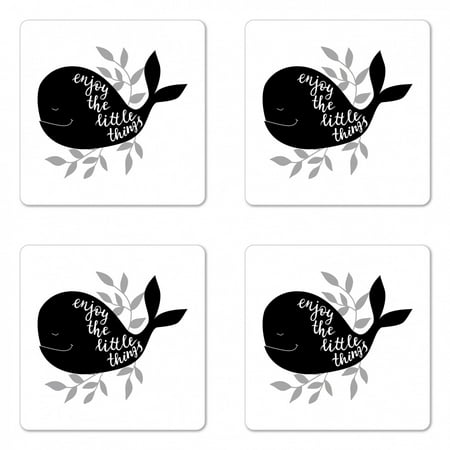 

Enjoy the Little Things Coaster Set of 4 Ocean Whale Silhouette with Leaves Brush Lettering Square Hardboard Gloss Coasters Standard Size Pale Grey White by Ambesonne