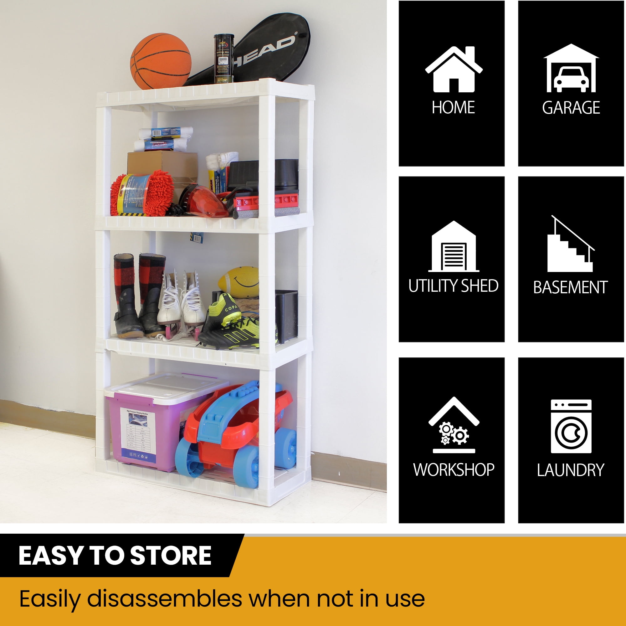 Hyper Tough Plastic Storage Shelf 4-Tier 4-Pack White, 400 lbs Capacity