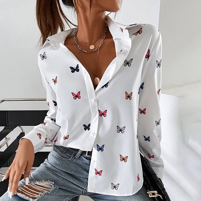 Pntutb Blusa de manga larga con botones sueltos para mujer, informal, a la moda, con solapa PNTUTB Pntutb-4735