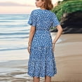 thumbnail image 6 of ITSAME Womens Flare Dress, Leopard Buttons V Neck Short Sleeve Drawstring Waist Pleated Flowing Dress Blue M, 6 of 6