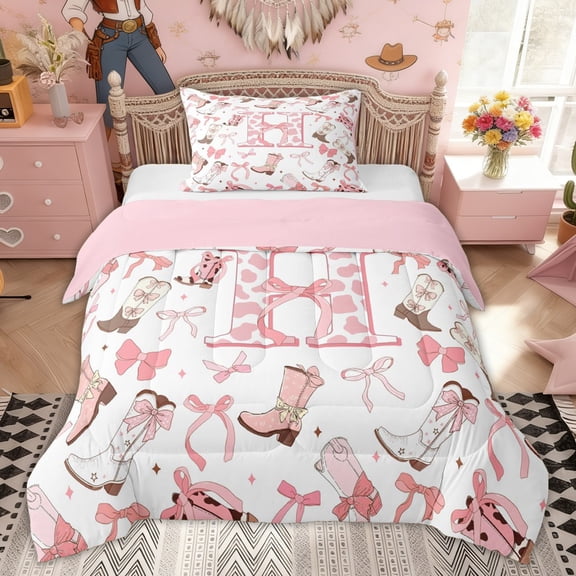 Erosebridal Cow Print H Letter Twin Comforter Sets, Western Bowknot Cowgirl Boot Bedding Set for Girls, Pink Reversible, 2pcs
