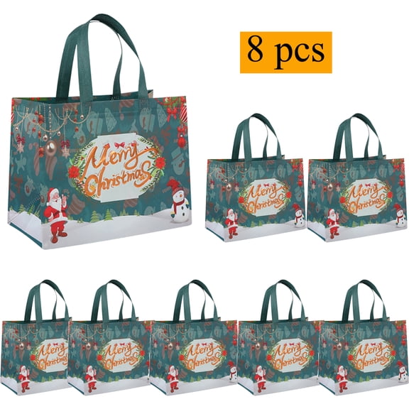 KOYPTL 8 Pack Christmas Gift Bags Reusable Durable Christmas Tote Bags with Handles Sewing Non-Woven Christmas Bags for Gift Wrapping Shopping Xmas Party Supplies (12.5×10×6.7 Inch)