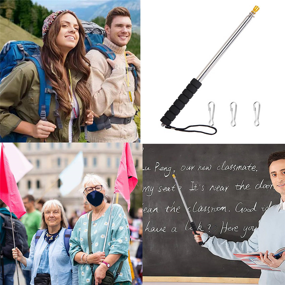 2pcs 9.8Ft Telescopic Flag Pole,Stainless Steel Handheld Portable Extendable Retractable Flagpole with Anti-Slip Grip
