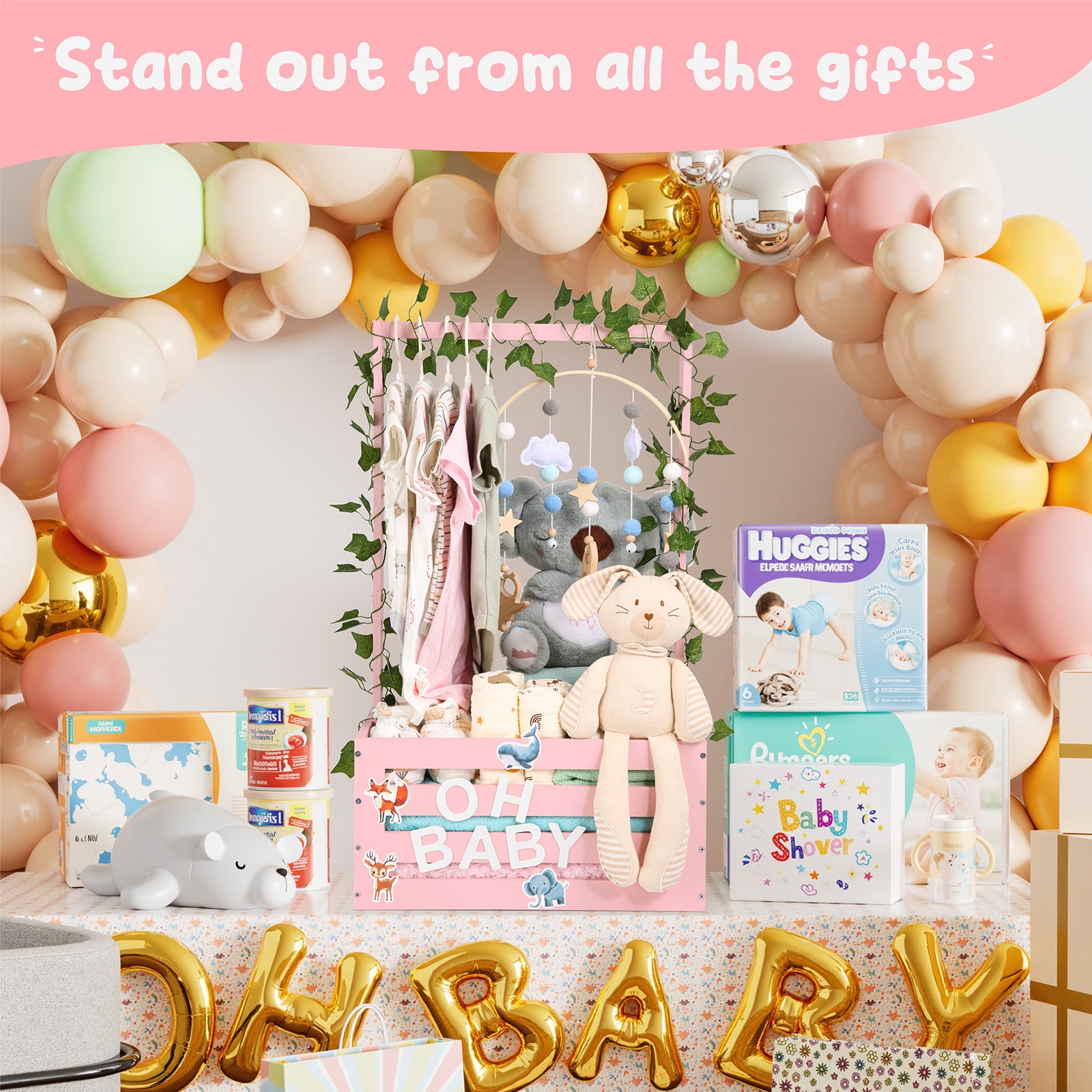 TeSabMi Large Baby Shower Gifts Basket Wooden Crate, Personalized Wooden Letters Hangers New Born Baby Girl Boy Pregnancy Gifts for New Mom Parents Vine Decorations Cute Closet with Adjustable Handle