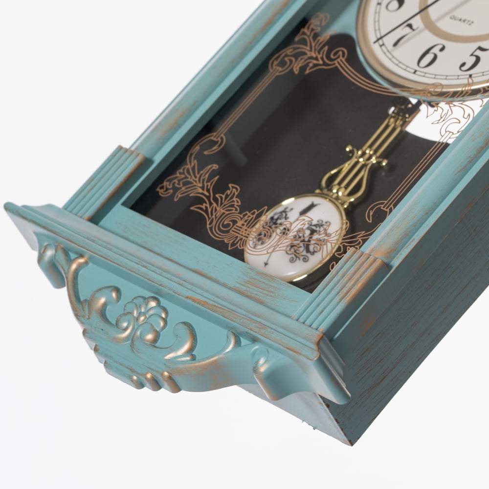 Clockswise Vintage Grandfather Wood-Looking Plastic Pendulum Decorative Battery-Operated Wall Clock, for Office, Home Decor, Living Room, Kitchen, or Dining Room, Blue with Gold Distressed Design