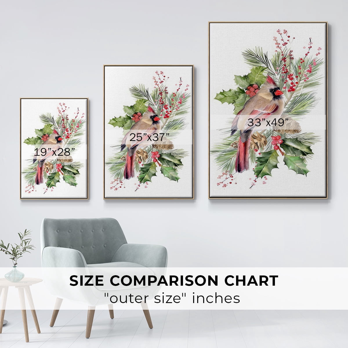 Cardinal Holly Christmas Collection B - Framed Gallery Wrapped Holiday Canvas - 25 x 37 - Natural Wood Frame