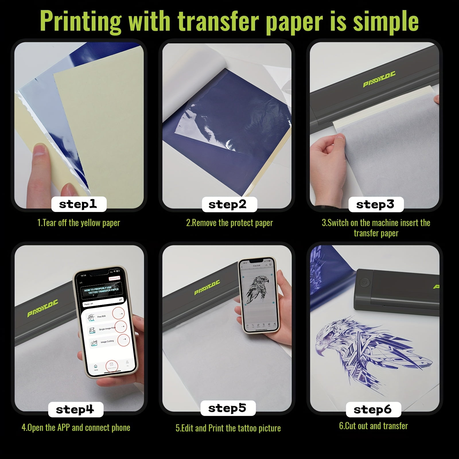 Portable Bluetooth Tattoo Transfer Printer, Inkless A4 Thermal Printer for Tattoo & Heat Transfer Paper, Compatible with Smartphone Tablet