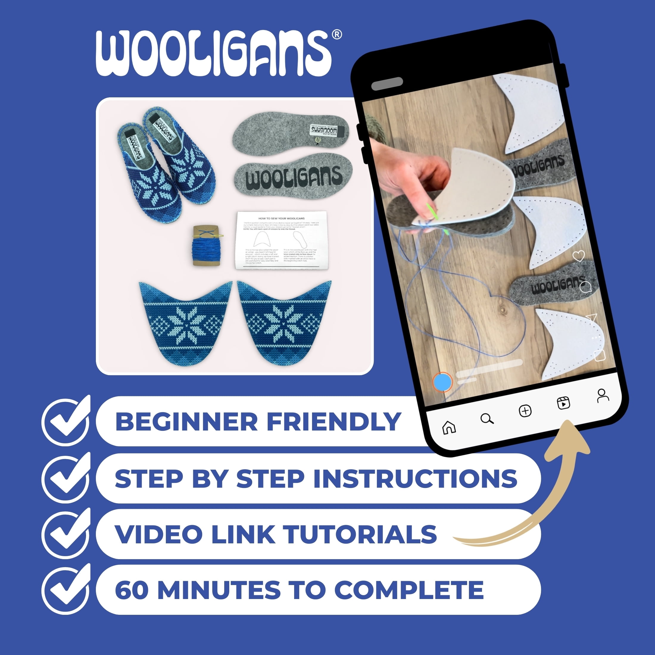 WOOLIGANS DIY Slipper Sewing Kit, Hand Stitch Felt Slipper Craft Kit, Beginner Needlecraft for Adults & Teens, Blue Snowflake, Women’s US Size 7/8