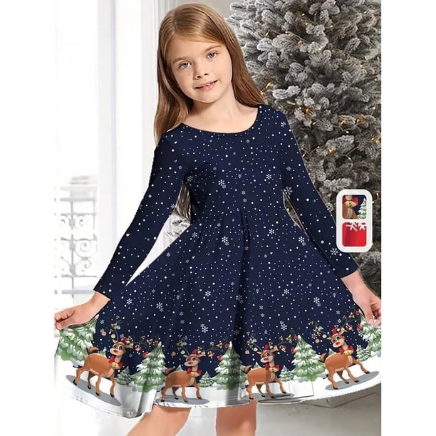 Abaowedding - Vestido De Navidad Para Niñas, Manga Larga, Estampado De