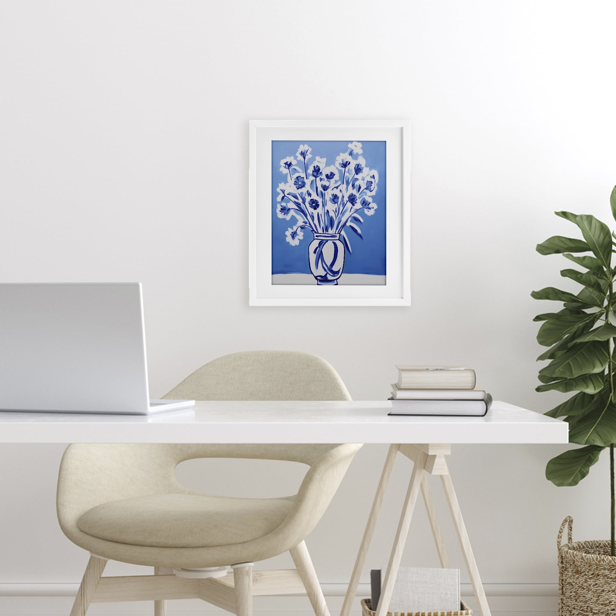 Blue & White Contrast Flowers White Framed Print Under Glass, design by Lettered and Lined