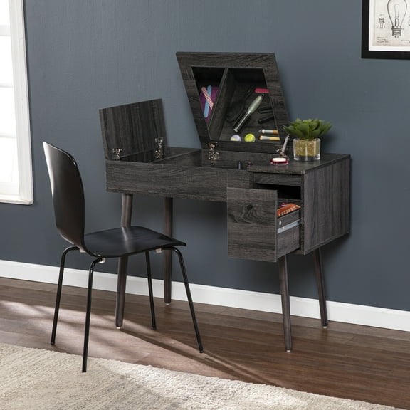 SEI Furniture Harzen Storage Vanity Desk with Mirror in Black