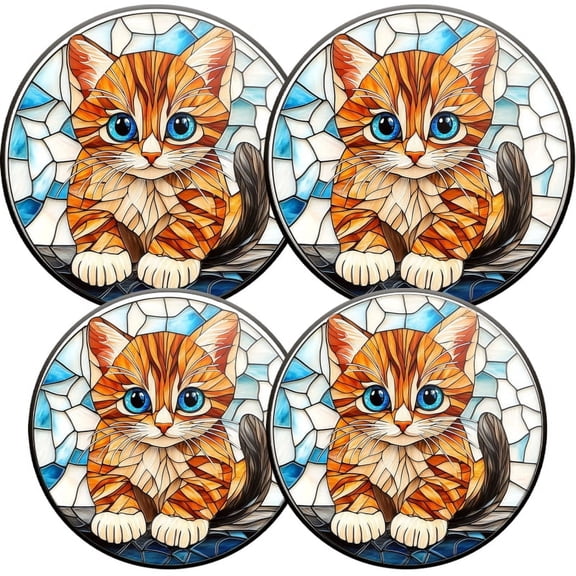 Electric Stove Burner Covers, Set of 4, Round Burner Cover,8 and 10 Inch,Stained Glass with Cat on White Background