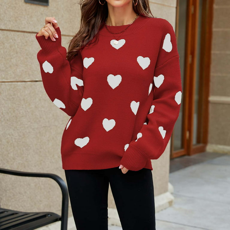 HAPIMO Rollbacks Womens Cute Heart Sweater Fall Fashion Round Neck Long  Sleeve Pullover Casual Knit Ribbed Loose Fit Sweaters Teen Girls Clothes  Red L