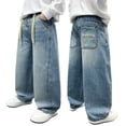 thumbnail image 2 of LRen Rock and Roll Jeans High Waisted Vintage Straight Leg Loose Denim Pants Boy Casual Baggy Fashion Long Trousers Streetwear with Pockets,Multicolour,10-11 Years, 2 of 9
