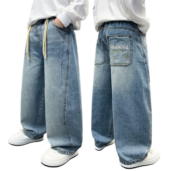 CAIXIA Boys Baggy Jeans Kids Straight Leg Demin Pants for Teen Kids Oversized Husky School Trousers High Elastic Waisted Streetwear Preppy Clothes