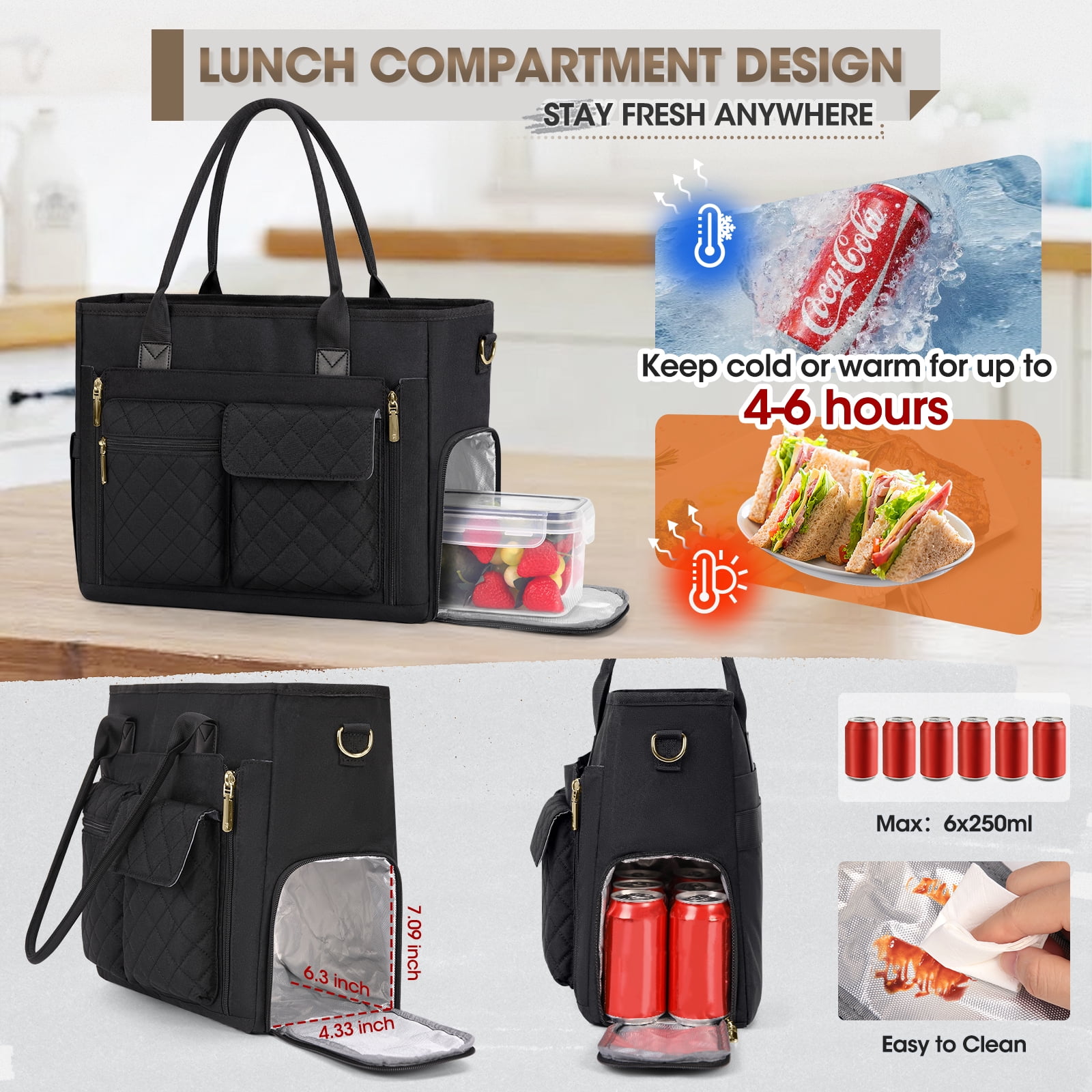 RAINSMORE Teacher Tote Bag with Insulated Lunch Compartment 15.6 inch Laptop Bag for Women Lightweight Work Bags Nurse Bags