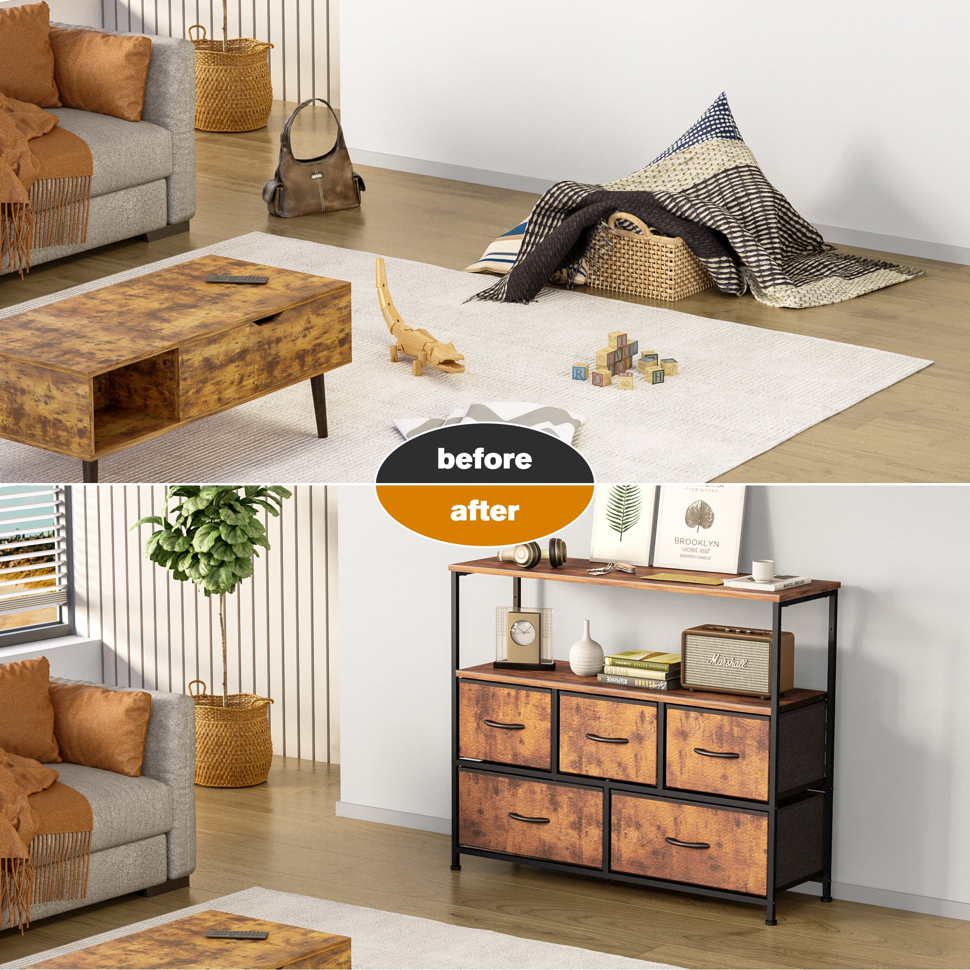 Yangming TV Stand with 5 Drawer Dresser Open Shelves, Fits TV up to 45 Inches, Rust Brown  Shop  Black Friday Deals for 2024!  (图4)