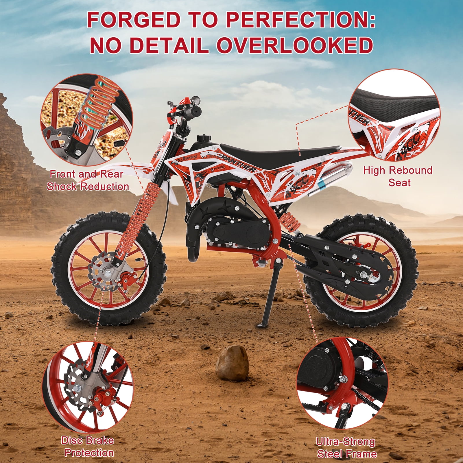 Dapmiu Mini Dirt Bike for Teens - 49CC 2-Stroke Engine 40KM/H Max Speed, 1.8L Fuel Tank & High Carbon Steel Frame Red
