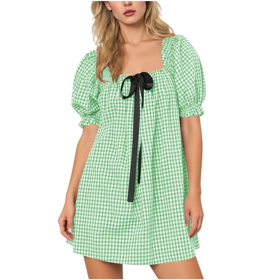 Women's Square Neck Mini Dress Plaid Short Puff Sleeve Dress Bow-Knot Decor Y2K Trendy Casual Short Dress,M,Green