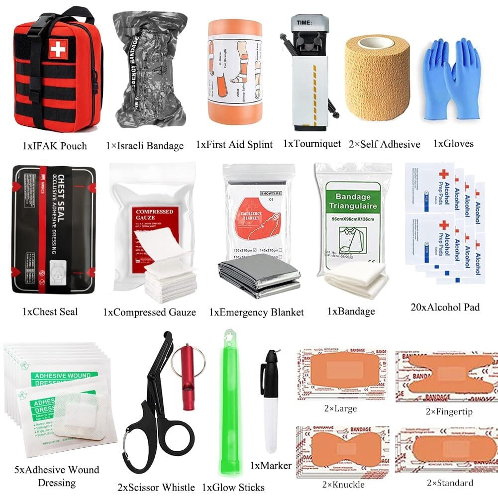 Trauma Refill Kit Med Pack | Vented Chest Seal | Israeli Bandage | Tourniquet-12 | Splint | Compressed Gauze | Bandages | First Aid Kit EMT Bleeding Control Pack for Camping Hiking - RED
