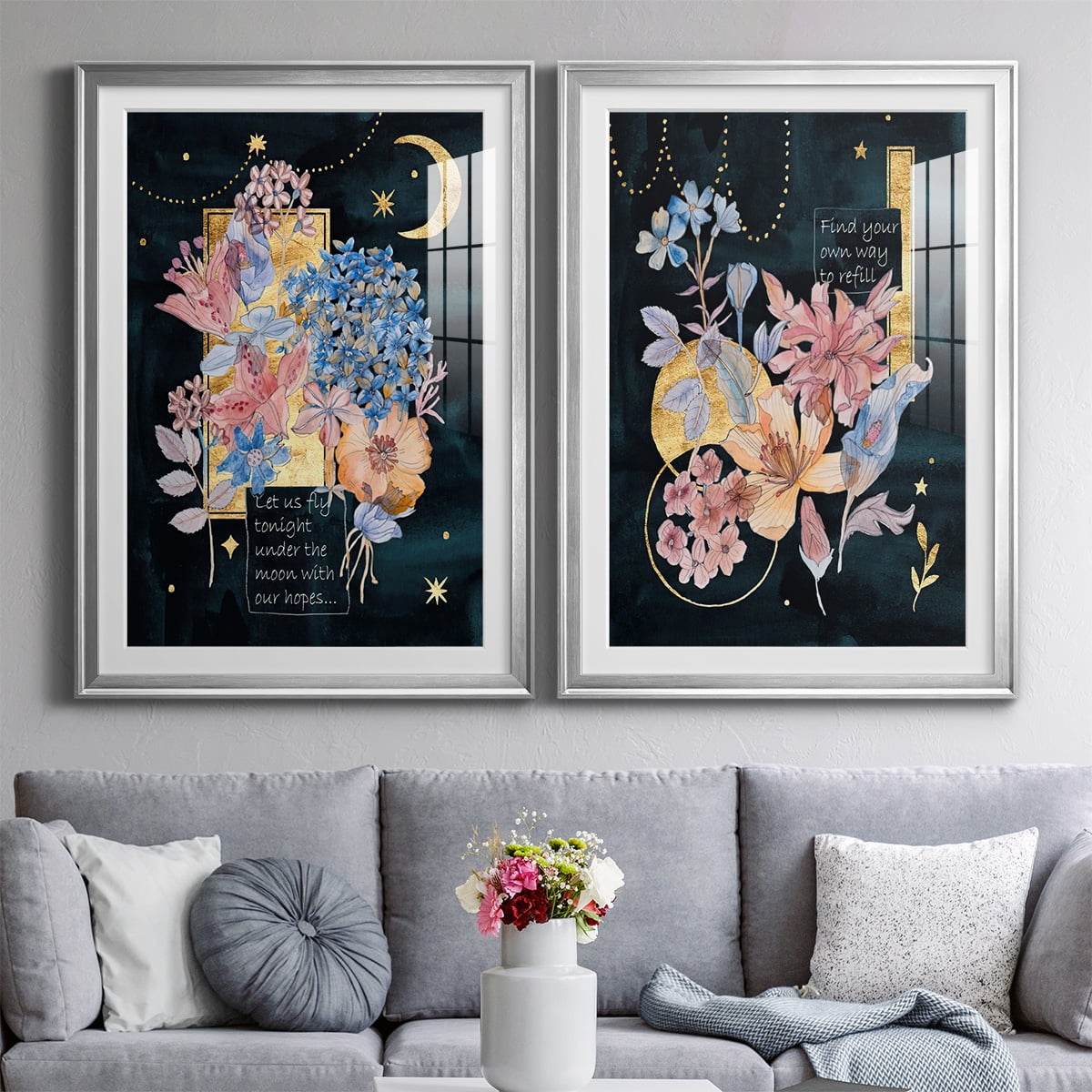 Wexford Home Moonlight Flowers I Premium Framed Print, 22.5" x 30.5" - Ready to Hang, Silver (Set of 2)