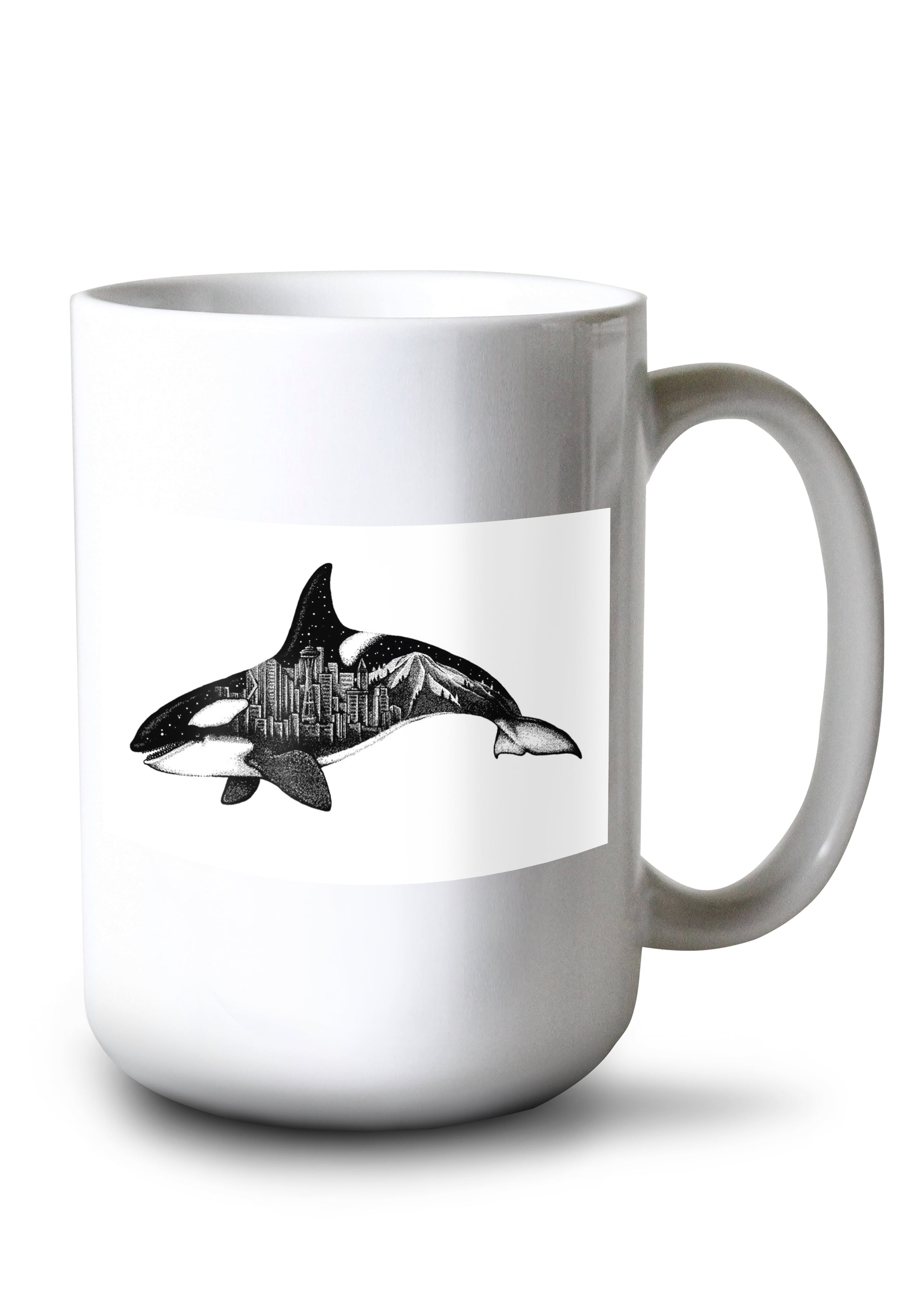 15 fl oz Ceramic Mug, Orca and Seattle Skyline, Double Exposure