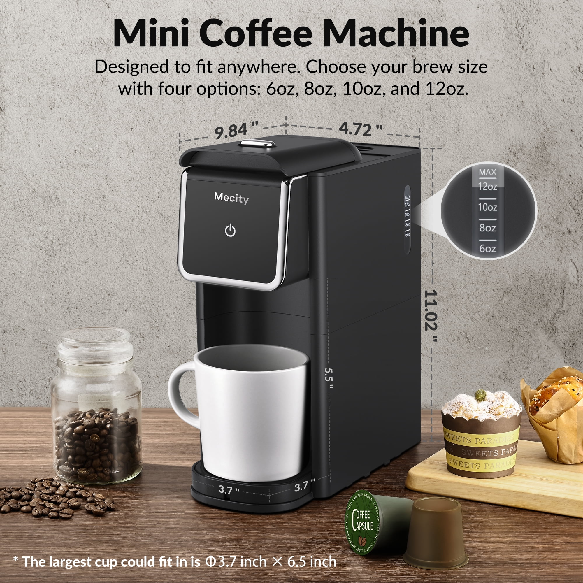 Mecity Compact Coffee Maker for Ground Coffee & Loose Tea - Single Serve, 6-12 Oz Brew, Black