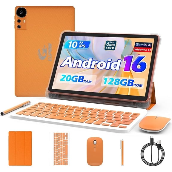 CUPEISI Android 16 Tablet 10 Inch, 20GB RAM 128GB ROM/2TB Expandable, 2.0GHz Octa-core Processor, 1280*800 HD Screen, 5G WiFi6 BT5.0, 2 in 1 Tablets with Keyboard Case Mouse Stylus, Widevine L1 Orang