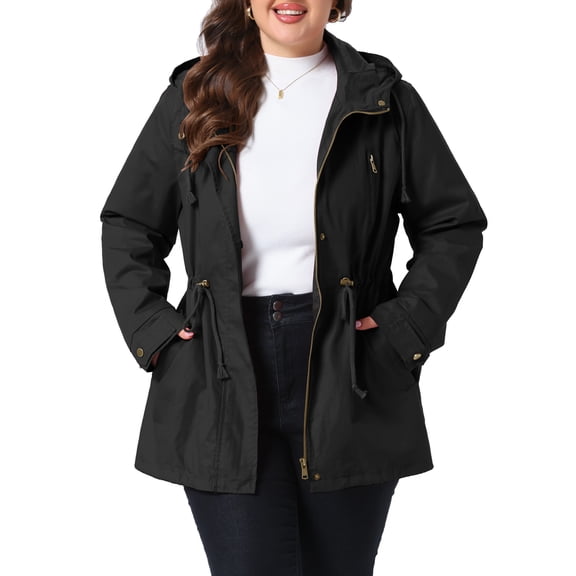 Agnes Orinda Women's Plus Size Hooded Anorak Jacket Utility Parka Zip Snap Drawstring Waist Windbreaker Coat with Pockets 1X Black
