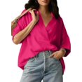 thumbnail image 2 of Women Dressy Casual Blouse Business Short Sleeve Collared Tops Placket V Neck Work Shirt Deep pink S, 2 of 8